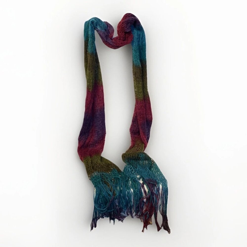 Oversized Knit Scarf 94" x 18" Teal Purple Magenta Fringed Boho Wrap Open Weave